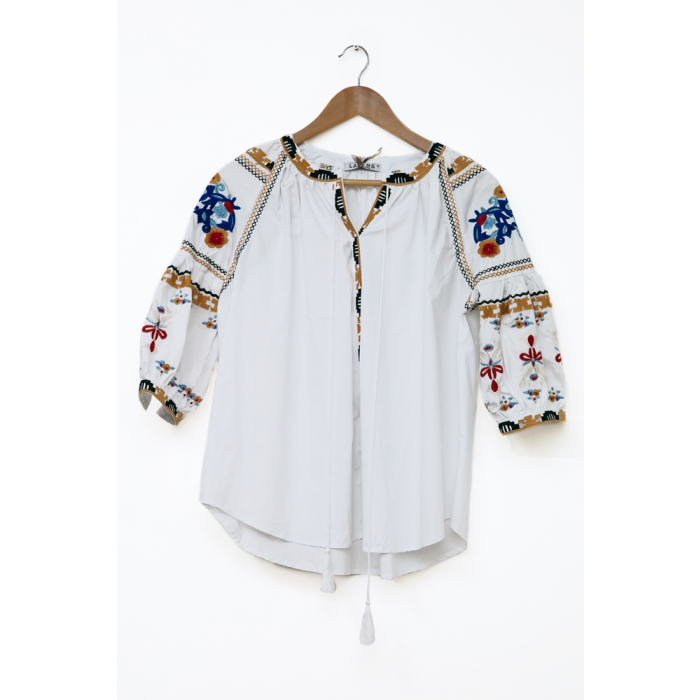Womens Casual  3/4 Sleeve white Embroidered Tops 